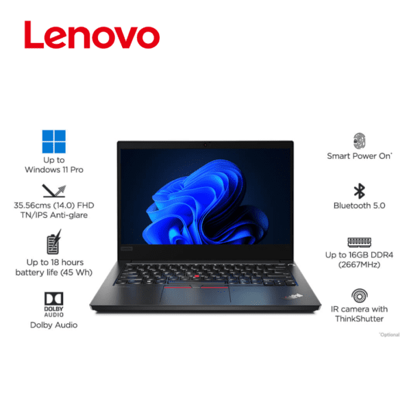 Lenovo E14, i7-1165G7,8GB DDR4, 512GB SSD M.2 2242 NVMe, NVidia MX450 2GB,14.0" FHD IPS,No OS,Intel AX201 2x2AX+BT,Y-FPR,FW-TPM 2.0,720p HD Cam,3 Cell 45Whr,65W USB-C UK,KYB Arabic,1 Year Carry-if, BLACK - Hub of Technology